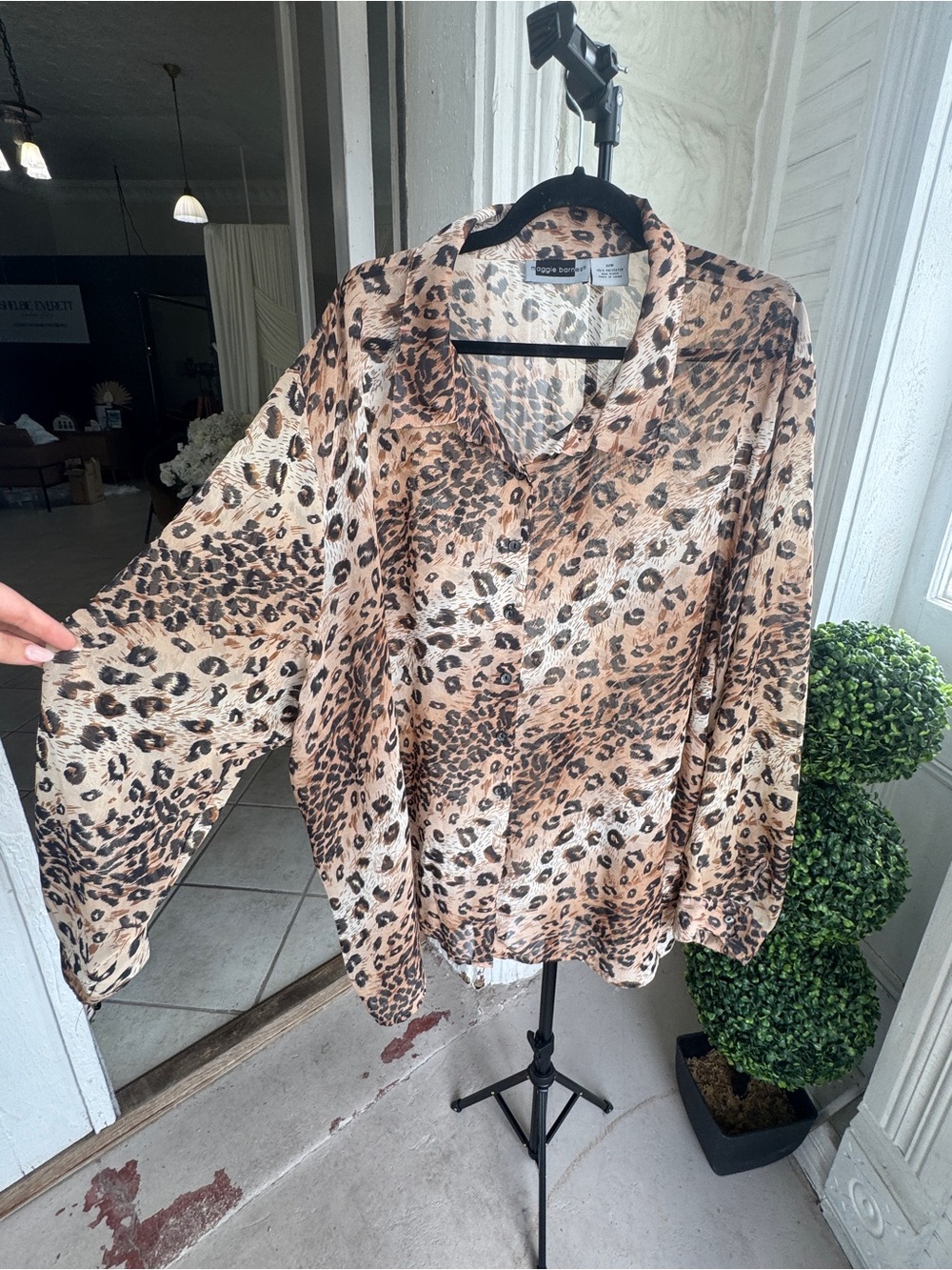 Maggie Barnes Leopard-Print Button Front Blouse in Tan and Black